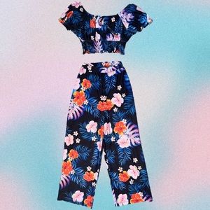 Tropical Floral Print Off the Shoulder Crop and Pant Set